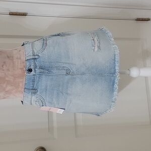 Dressup Size M Light Wash Distressed Denil Mini Skirt, Frayed Hem, NEW